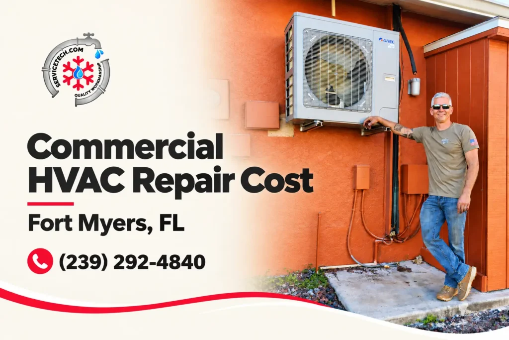 Commercial HVAC repair cost in Fort Myers, FL, with Service Tech Pros technician inspecting a rooftop HVAC unit.