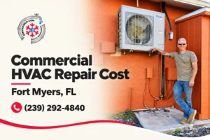 Commercial HVAC repair cost in Fort Myers, FL, with Service Tech Pros technician inspecting a rooftop HVAC unit.